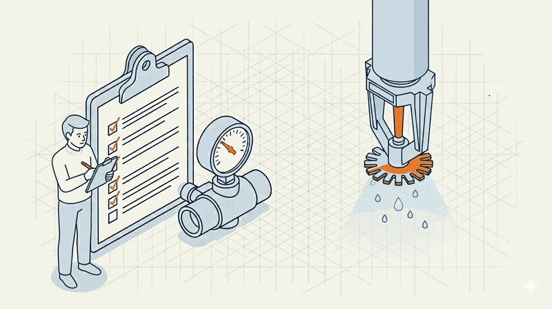 Rociador automático descargando agua junto a un manómetro y un checklist de mantención NFPA 25